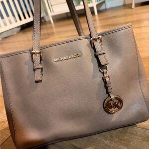 Michael Kors Taupe Leather Saffiano Tote with Gold Hardware